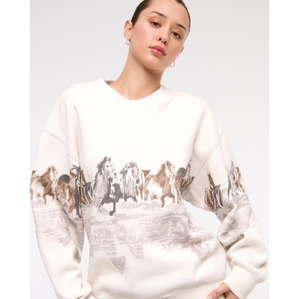 Abercrombie & Fitch Horses Sunday Sweatshirt XL Cream Soft A&F Western Oversized - Picture 2 of 8